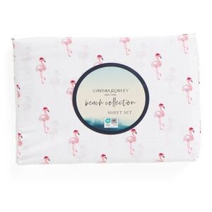 Cynthia Rowley Christmas flamingo Santa sheet Set Queen NEW